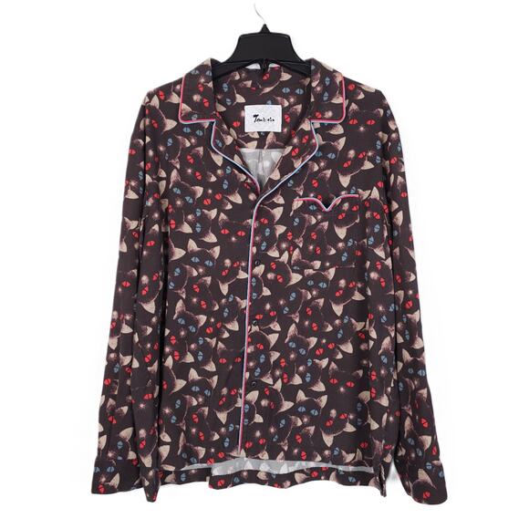 Tombolo Catleidoscope Long Sleeve Shirt XL Black Cat Cabana Hawaiian Tencel EUC